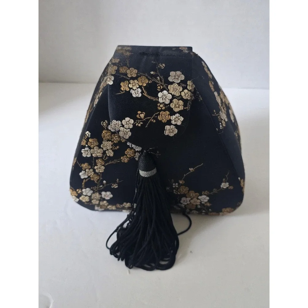 NWT Vintage Chinese Brocade Evening Bag Black & Gold with Tassel (Minor Defect)